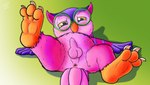 3_toes 4_fingers anthro anus balls beak blush claws embarrassed erection eyewear feathers feet fingers foreskin genitals glasses humanoid_genitalia humanoid_penis looking_at_genitalia lying male on_back penis perineum pink_body pink_feathers presenting purple_body purple_feathers simple_background slightly_chubby slightly_chubby_male soles solo talons toe_claws toes yellow_sclera fol fall_guys mediatonic twit_(fall_guys) avian bird owl 2022 digital_media_(artwork) hi_res