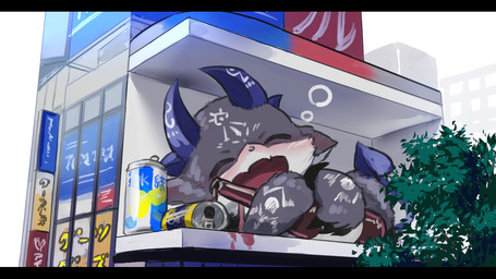 alcohol ambiguous_gender beer_bottle beverage beverage_can black_bars blush bottle claws container cute_fangs drunk fangs fur grey_body grey_fur head_markings horn markings plant solo spade_tail street substance_intoxication tail teeth tree white_body white_fur bigr_ninja nijisanji vtuber debidebi_debiru demon 16:9 letterbox widescreen