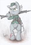 bandage blood bodily_fluids clothing female feral gun hat headgear headwear machine_gun maschinengewehr_42 mg_42 quadruped ranged_weapon simple_background solo weapon patoriotto friendship_is_magic hasbro my_little_pony limestone_pie_(mlp) earth_pony equid equine horse mammal pony hi_res