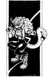 anthro breasts clothed clothing female fur gun hair handgun holding_gun holding_object holding_ranged_weapon holding_weapon illegible_signature looking_at_viewer ranged_weapon simple_background solo text weapon unknown_artist cheetah felid feline mammal 1994 english_text monochrome traditional_media_(artwork)