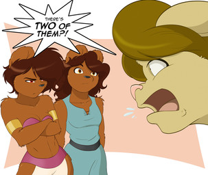 anthro bandeau black_nose blonde_hair bottomwear breasts brown_body brown_fur brown_hair cleavage clone clothed clothing dialogue dress female fur group hair loincloth pink_nose red_eyes text topwear yellow_body yellow_eyes yellow_fur evonallure evon cleo_ap_pride evee_(evon) evon_allure bear felid lion mammal pantherine english_text