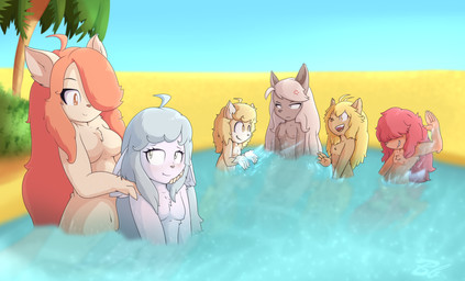 adolescent ahoge anthro blonde_hair blue_sky blush brown_body brown_fur casual_nudity day desert fangs female fur grey_hair group hair nude nude_female outdoor_nudity outside pink_hair plant reflection shrub sky social_nudity splash tan_body tan_fur teeth tree water white_body white_fur white_hair yellow_body yellow_fur young young_anthro young_female bingbingo cyberconnect2 fuga:_melodies_of_steel little_tail_bronx chick_montblanc hanna_fondant mei_marzipan sheena_falafel vanilla_muscat wappa_charlotte bird_dog canid canine caninu canis domestic_cat domestic_dog felid feline felineko felis german_shepherd herding_dog hunting_dog mammal pastoral_dog russian_blue spaniel turkish_angora welsh_corgi 2024 hi_res signature
