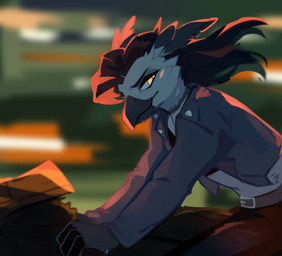 anthro beak belt black_bottomwear black_clothing black_hair black_pants black_topwear blurred_background bottomwear clothed clothing feathers female female_anthro grey_beak grey_belt grey_clothing grey_jacket grey_topwear hair jacket looking_at_viewer motorcycle mouth_closed narrowed_eyes open_clothing open_jacket open_topwear pants riding_bike side_view solo topwear vehicle white_body white_feathers yellow_eyes corzh77 avian absurd_res hi_res