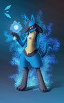 ambiguous_gender angry anthro aura aura_sphere black_body black_ears black_skin blue_background blue_body blue_ears blue_fur blue_tail chest_spike featureless_crotch feet frown frowning_at_viewer fur glistening glistening_eyes grey_background hand_behind_back long_ears long_tail looking_at_viewer multicolored_body multicolored_ears multicolored_fur nude nude_ambiguous nude_anthro pose pupils raised_arm red_eyes shadow simple_background slit_pupils solo spikes spikes_(anatomy) standing tail yellow_body yellow_fur elementaldraws nintendo pokemon canid canine generation_4_pokemon lucario mammal pokemon_(species) 2020 detailed portrait watermark