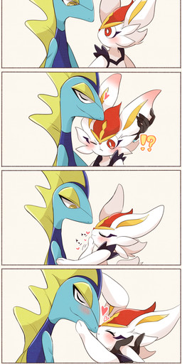 ambiguous/ambiguous ambiguous_gender anthro anthro_on_anthro blue_body blush duo ear_blush eyes_closed fur heart_symbol hug interrobang interspecies love nose_to_nose one_eye_closed red_eyes romantic romantic_couple simple_background smile white_body white_fur prrrrrrmine nintendo pokemon cinderace generation_8_pokemon inteleon lagomorph lizard mammal pokemon_(species) reptile scalie 2021 absurd_res comic hi_res