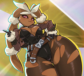 4_fingers anthro big_breasts biped black_clothing black_collar black_leotard black_nose black_sclera breasts brown_body brown_clothing brown_fur brown_jacket brown_topwear cheek_tuft chest_tuft closed_smile clothed clothed_anthro clothed_female clothing collar eyelashes facial_tuft female female_anthro fingers floppy_ears fur glistening glistening_eyes hand_on_hip jacket legs_together legwear leotard long_ears looking_at_viewer looking_down looking_down_at_viewer lop_ears low-angle_view mouth_closed open_clothing open_jacket open_topwear pantyhose pink_eyes smile smiling_at_viewer solo thick_thighs thigh_gap topwear torn_clothing torn_legwear torn_pantyhose tuft centinel303 marvel nintendo pokemon rogue_(marvel) generation_6_pokemon lagomorph mammal mega_evolution mega_lopunny pokemon_(species) 2026 digital_media_(artwork) hi_res
