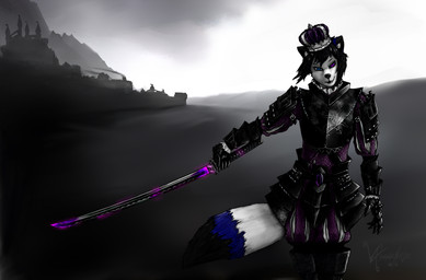 anthro armor castle clothed clothing corruption crown emperor grin headgear heterochromia katana king male melee_weapon royalty smile solo sword weapon vxserenade vexxus_(vxserenade) arctic_fox canid canine demon fox mammal true_fox hi_res