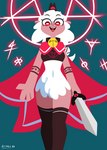 anthro female fur holding_melee_weapon holding_object holding_sword holding_weapon melee_weapon open_mouth open_smile red_eyes smile solo sword weapon white_body white_fur white_wool wool_(fur) hydrabb cult_of_the_lamb massive_monster_(studio) lamb_(cult_of_the_lamb) bovid caprine mammal sheep 2022 digital_media_(artwork) lineless