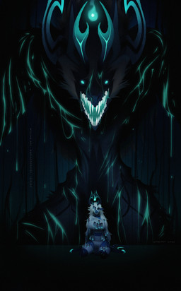 alternate_form bandage big_breasts blue_eyes breasts clothing fangs horn kneeling looking_at_viewer sharp_teeth teeth wmdiscovery93 azure_(wmdiscovery93) demon enoki_(helixel) monster hi_res