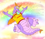 2023 absurd_res alternate_version_at_source anthro anus balls bottomless clothed clothing digital_media_(artwork) disney disney_parks dracovar_valeford dragon epcot figment flying foreskin genitals happy hi_res horn humanoid_genitalia humanoid_penis journey_into_imagination looking_at_viewer lyrics male mythological_creature mythological_scalie mythology outside partially_clothed paws penis purple_body rainbow raised_arms retracted_foreskin rhyme scalie shirt smile solo spread_legs spreading tail text toony topwear walt_disney_world wings yellow_sclera