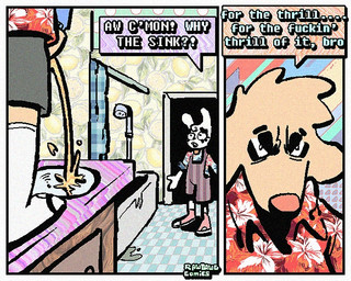 2_panel_comic aloha_shirt anthro bodily_fluids bottomwear bow_tie clothing dialogue duo flip_flops floppy_ears footwear fur genital_fluids half-closed_eyes humor male narrowed_eyes overalls pattern_clothing pattern_shirt pattern_topwear peeing sandals shirt shoes shorts sneakers socks socks_with_sandals speech_bubble text toony topwear urine urine_stream white_body white_fur yellow_body yellow_fur rawdawgcomics bingus_(rawdawgcomics) stahli_(rawdawgcomics) bird_dog canid canine canis domestic_dog golden_retriever hunting_dog lagomorph leporid mammal rabbit retriever 5:4 comic english_text