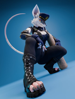 anthro baseball_bat bat_(object) blue_background boots clothing crouching eyelashes eyeshadow female fingerless_gloves footwear freckled_face freckles fur gloves hair half-closed_eyes handwear long_eyelashes looking_at_viewer makeup narrowed_eyes police police_hat police_uniform purple_eyeshadow rat_tail rodent_tail shoes simple_background smile solo tail uniform white_body white_fur white_hair vllrukkin warfaremachine_(modeler) officer_flint_(foresttherotten) warfare_flint mammal murid murine rat rodent 3d_(artwork) blender_(artwork) digital_media_(artwork) english_description hi_res