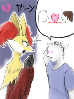 ambiguous_anthro ambiguous_gender anthro biped blush blush_lines bodily_fluids broken_heart clothed clothed_human clothed_male clothing covering covering_mouth crying cute_fangs duo emanata embarrassed empty_eyes eyelashes fangs flying_sweatdrops frown fully_clothed fully_clothed_human fully_clothed_male gloom_lines hand_on_head jealous male male_human open_frown open_mouth side_view simple_background standing sweat sweatdrop tears teeth text kuri nintendo pokemon canid delphox generation_6_pokemon human mammal pokemon_(species) 2023 3:4 digital_drawing_(artwork) digital_media_(artwork) hi_res japanese_description japanese_text pictographics translated translated_description female_(lore)