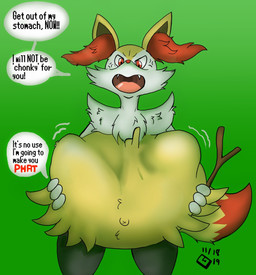 abdominal_bulge ambiguous_gender ambiguous_pred ambiguous_prey anthro anthro_pred arm_tuft belly big_belly cheek_tuft chest_tuft cross-popping_vein dialogue dipstick_tail duo facial_tuft fur green_background grey_body grey_fur hand_on_belly hand_on_own_belly huge_belly humor inner_ear_fluff inside_stomach markings navel object_in_tail open_mouth oral_vore outie_navel red_body red_eyes red_fur red_inner_ear_fluff sharp_teeth shoulder_tuft simple_background speech_bubble stick stick_in_tail tail tail_markings talking_to_prey teeth text tuft unseen_prey unwilling_pred vore willing_prey yelling_at_another yellow_body yellow_fur dezzykitsune nintendo pokemon braixen generation_6_pokemon pokemon_(species) 2019 dated english_text hi_res