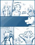 2017 ?! anthro blue_and_white blue_background canid canine canis casual_nudity clothed clothing comic conditional_dnp dialogue english_text exclamation_point felid female flora_(twokinds) fur grin group hair keidran male mammal mentioned_character monochrome natani open_mouth pantherine question_mark simple_background sketch smile striped_body striped_fur stripes sythe_(twokinds) teeth text tiger tom_fischbach topless twokinds white_background wolf zen_(twokinds)