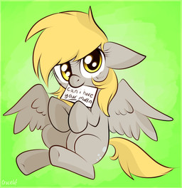 amber_eyes blonde_hair cutie_mark feathered_wings feathers female feral fur green_background grey_body grey_feathers grey_fur hair long_hair looking_at_viewer note simple_background sitting smile solo text wings yellow_eyes crocelif friendship_is_magic hasbro my_little_pony mythology derpy_hooves_(mlp) equid equine mammal mythological_creature mythological_equine pegasus absurd_res english_text hi_res
