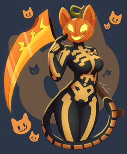 abstract_background anthro big_breasts black_bodysuit black_clothing black_skinsuit bodysuit breasts clothing curvy_figure female for_a_head long_tail melee_weapon polearm pumpkin_head scythe skinsuit solo tail text thick_thighs tight_clothing voluptuous voluptuous_anthro voluptuous_female weapon wide_hipped_anthro wide_hipped_female wide_hips mandyfoxy epic_games fortnite spice_(fortnite) domestic_cat felid feline felis mammal object_head 2025 absurd_res artist_name digital_drawing_(artwork) digital_media_(artwork) hi_res signature
