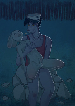 anthro duo forest male male/male plant public tree teru_uwu soyuzmultfilm well_just_you_wait! canid canine canis hare lagomorph leporid mammal wolf hi_res