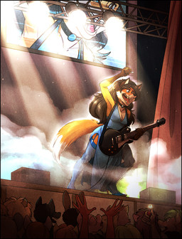 anthro breasts electric_guitar female group guitar large_group musical_instrument playing_guitar playing_music plucked_string_instrument solo_focus string_instrument redvelvetbat canid canine fox mammal
