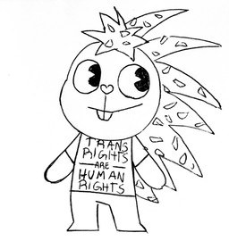 anthro buckteeth clothing female fur hair lgbt_pride looking_away pie_cut_eyes shirt smile solo standing t-shirt teeth text text_on_clothing text_on_t-shirt text_on_topwear topwear achromasloth happy_tree_friends flaky_(htf) mammal porcupine rodent 2019 hi_res monochrome traditional_media_(artwork)