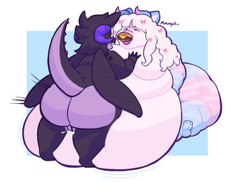 accessory anthro backsack balls belly big_belly big_butt black_markings bodily_fluids bow_ribbon breasts burger butt cum cum_in_navel curved_horn duo eyes_closed eyewear feederism female food food_in_mouth fur genital_fluids genitals glasses hair hair_accessory hair_bow hair_ribbon hand_on_breast horn huge_belly hyper hyper_belly long_ears male male/female markings morbidly_obese morbidly_obese_anthro multicolored_body multicolored_horn navel_fetish navel_penetration obese obese_anthro overweight overweight_anthro penetration penis_in_navel pink_body pink_hair purple_body purple_horn purple_spikes raised_tail ribbons sex spiked_tail spikes spikes_(anatomy) striped_markings stripes tail thrust_lines wearing_glasses porcinecat mythology fuzen_(fuzenevil) hazel_(hazlnutt) dragon furred_dragon furred_scalie mythological_creature mythological_scalie scalie hi_res