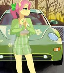 accessory anthro anthrofied biped blue_eyes bottomwear bow_ribbon clothing dead_tree female female_anthro fur green_clothing green_outfit hair hair_accessory hair_bow hair_ribbon hands_together jewelry necklace pink_hair plant ponytail ribbons skirt solo tree yellow_body yellow_fur aztrial hasbro my_little_pony volkswagen volkswagen_new_beetle posey_(g5) earth_pony equid equine horse mammal pony green_theme hi_res