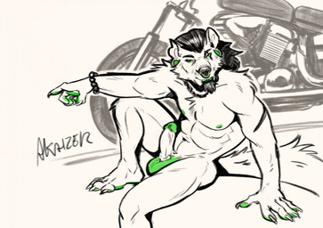 anthro balls erection genitals humanoid_genitalia humanoid_penis male motor_vehicle motorcycle muscular muscular_anthro muscular_male penis solo vehicle akaizer canid canine canis mammal wolf hi_res