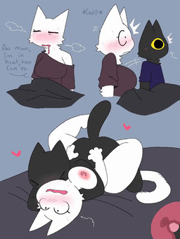 animal_ears anthro anthro_penetrated areola bed bedding big_breasts black_bedding black_body black_fur black_penis blue_background blue_clothing blue_shirt blue_speech_bubble blue_topwear blush blush_lines blushing_profusely bodily_fluids breasts brown_clothing brown_shirt brown_topwear cat_tail cheek_tuft clothed clothing dripping duo eager enthusiastic erection eyes_closed facial_tuft female female_penetrated flying_sweatdrops from_front_position front_view fur furniture genitals heart_reaction in_heat just_woke_up leg_wrap lying male male/female male_on_top male_penetrating male_penetrating_female missionary_position motion_lines neck_tuft nipples nude on_back on_bed on_top onomatopoeia open_mouth oversized_clothing oversized_shirt oversized_topwear paws penetration penile penile_penetration penis penis_in_vagina pink_areola pink_nipples saliva saliva_drip saliva_on_face sex shirt side_view simple_background sound_effects speech_bubble spread_legs spreading steamy_breath surprised sweat sweatdrop sweaty_body sweaty_face tail text thick_thighs topwear tuft under_covers vaginal vaginal_penetration white_body white_fur x-ray_view yellow_sclera snazzle_snapp domestic_cat felid feline felis mammal 2026 2d_animation 3:4 animated frame_by_frame multiple_scenes