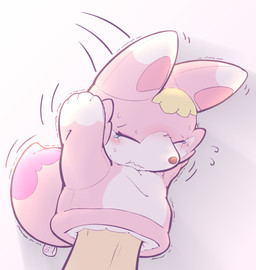 ambiguous_gender blonde_hair blush bodily_fluids duo fabric female feral fur hair hand_puppet implied_transformation inanimate_transformation pink_body pink_fur plushie plushie_tag plushification puppet scared seam_(sewing) shaking tears transformation trembling white_body white_fur kareha_21909 animate_inanimate canid canine fox human living_plushie living_puppet mammal hi_res