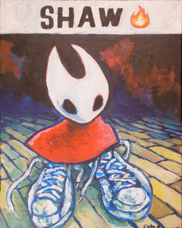 2_horns ambiguous_gender black_eyes black_text cloak clothing footwear horn red_cloak red_clothing shaw_(meme) shoes solo text bubblenebulaart drip_(meme) hollow_knight_(franchise) team_cherry hornet_(hollow_knight) arthropod 2025 acrylic_painting_(artwork) english_text hi_res meme painting_(artwork) signature traditional_media_(artwork) traditional_painting_(artwork) female_(lore)