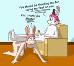 anthro bdsm dialogue dominant duo erection feet female foot_fetish footrest forniphilia genitals humanoid_feet male male/female master penis petplay plantigrade roleplay slave submissive text lucyhaupdarsteller devon_littlepaws lucy_(lucyhaupdarsteller) hare lagomorph leporid mammal rabbit english_text hi_res