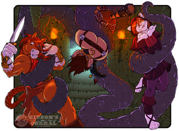 anthro armor biceps braided_hair braided_tail butt coin dagger dungeon ear_piercing fantasy female group hair male melee_weapon muscular muscular_female piercing tail tentacles torch unconvincing_armor weapon gideon lands_of_luste domestic_cat equid equine felid feline felis horse hyena mammal spotted_hyena cover_art digital_media_(artwork)