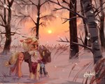 bottomless bottomless_female bound clothed clothing cowboy_hat cutie_mark duo female feral forest hair hat headgear headwear long_hair looking_at_another outside plant smile smiling_at_another snow snowing sun sunset tail tail_tied tied_hair tree winter p0nyplanet friendship_is_magic hasbro my_little_pony apple_bloom_(mlp) applejack_(mlp) earth_pony equid equine horse mammal pony digital_media_(artwork) digital_painting_(artwork) hi_res painting_(artwork) watermark sibling_(lore) sister_(lore) sisters_(lore)