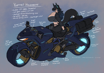 belt big_breasts black_hair black_tail blue_hair blue_inner_ear_fluff breasts bulge clothing glowing gradient_hair gynomorph hair hat headgear headwear hoverbike inner_ear_fluff intersex motorcycle multicolored_hair solo tail text thong_straps tuft two_tone_hair vehicle wmdiscovery93 yvette_(wmdiscovery93) animal_humanoid canid canid_humanoid canine canine_humanoid humanoid mammal mammal_humanoid wolf_humanoid english_text hi_res model_sheet