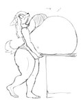 anthro belly big_belly biped bloated bra clothed clothing ears_down feet female hair huge_belly hyper hyper_belly lingerie long_hair panties pivoted_ears raised_tail skimpy solo tail underwear herro canid canine mammal 2024 black_and_white digital_media_(artwork) hi_res monochrome sketch