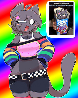 anthro arm_tuft belt black_bottomwear black_clothing black_shorts bottomwear clothed clothed_female clothing crop_top cropped_sweater female food fur grey_body grey_fur grey_hair hair hands_on_hips looking_at_viewer midriff multicolored_clothing multicolored_sweater multicolored_topwear no_pupils open_mouth open_smile pink_clothing pink_sweater pink_topwear rainbow rainbow_background rainbow_clothing rainbow_sweater rainbow_topwear shirt shorts shoulder_tuft simple_background small_waist smile solo speech_bubble standing sweater tail tail_tuft tank_top text thigh_gap topwear tuft white_eyes wide_hips rosedreams nyan_cat_(copyright) pop-tarts pursuitcore nyan_(pursuitcore) nyan_cat domestic_cat felid feline felis mammal 2026 digital_drawing_(artwork) digital_media_(artwork) hi_res meme