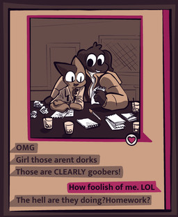 alcohol anthro beverage comic_panel crumpled_paper duo leaning_on_another male notebook paper pen pencil_(object) sitting texting_ui vanilla_candy amelia_is_calling canid canine canis domestic_cat domestic_dog felid feline felis mammal hi_res restricted_palette