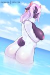 anthro big_breasts big_butt blue_eyes breasts butt cloud dutch_angle ear_piercing female hair horn inverted_nipples looking_at_viewer looking_back nipples nude outdoor_nudity outside partially_submerged patreon_username piercing pink_hair rear_view sea skinny_dipping sky slightly_chubby solo standing summer text thick_thighs water white_body erthy3d patreon bella_(terraapple) bovid caprine mammal sheep digital_media_(artwork) english_text half-length_portrait portrait