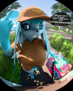 angry anthro blue_body box building clothed clothing container delivery_(commerce) delivery_employee detailed_background dialogue female fisheye_lens gesture hand_gesture hat headgear headwear house neighborhood plant pointing sex_doll sex_toy shrub solo standing tree uwu flowzel flowzel_(modeler) nintendo pokemon eeveelution generation_4_pokemon glaceon pokemon_(species) 3d_(artwork) absurd_res digital_media_(artwork) hi_res