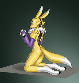 3_fingers 3_toes ambiguous_gender anthro arm_tuft armwear athletic athletic_ambiguous athletic_anthro big_tail biped black_claws black_nose bodysuit buttplug claws clothing dipstick_ears dipstick_tail ear_markings elbow_gloves elbow_gloves_only eye_markings feet finger_claws fingerless_gloves fingerless_gloves_only fingers glistening glistening_body gloves gloves_only green_background handwear handwear_only hollow_body hollow_eyes inviting kneeling latex latex_body latex_bodysuit latex_clothing latex_skinsuit leg_markings long_ears markings mostly_nude multicolored_body multicolored_ears neck_tuft nude open_body paws plug_(sex_toy) presenting purple_markings sex_toy shoulder_tuft simple_background skinsuit snout socks_(marking) solo tail tail_markings thigh_markings tight_clothing toe_claws toes tuft two_tone_body unusual_anatomy white_body yellow_body yin_yang vayu bandai_namco digimon animate_inanimate digimon_(species) latex_creature living_clothing living_latex renamon 2025 alternate_version_at_source hi_res shaded
