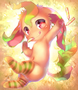 ambiguous_gender anthro blush brown_body brown_fur clothing digitigrade floppy_ears food fur gloves_(marking) green_clothing green_ears green_legwear green_tail green_thigh_highs holding_food holding_object holding_popsicle legwear licking licking_lips markings navel pattern_clothing pattern_legwear pattern_thigh_highs pawpads pink_eyes pink_inner_ear pink_pawpads popsicle raised_arm semi-anthro solo striped_clothing striped_legwear striped_thigh_highs stripes tail tan_body tan_fur thigh_highs tongue tongue_out yellow_clothing yellow_legwear yellow_thigh_highs young young_ambiguous young_anthro d685ab7f nintendo pokemon eeveelution generation_4_pokemon leafeon pokemon_(species) digital_drawing_(artwork) digital_media_(artwork) signature unavailable_at_source
