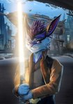 anthro blue_body blue_fur clothing fur jacket lightsaber male melee_weapon purple_body purple_fur solo spacecraft topwear vehicle weapon yellow_lightsaber stampmats star_wars canid canine fox jex mammal rexouium hi_res