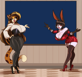 accessory anthro big_breasts black_bottomwear black_clothing black_hair black_pants blonde_highlights blue_eyes bottomwear bracelet breasts cleavage clothed clothing corset dress dress_pants duo female footwear fur garter hair high_heels highlights_(coloring) huge_breasts jewelry legwear lingerie lips office orange_eyes pants red_lips shirt shoes spots stockings topwear white_body white_fur whiteboard yellow_body yellow_fur ooo-belise-ooo mayuri_parda taylor_lagarian cheetah domestic_rabbit felid feline himalayan_rabbit lagomorph leporid mammal oryctolagus rabbit alpha_channel hi_res