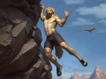 anthro black_bottomwear black_clothing black_nose blue_sky bottomwear bulge climbing clothed clothing day eyes_closed eyewear floppy_ears footwear front_view fur glasses male male_anthro muscular muscular_anthro muscular_male open_mouth open_smile outside rectangular_glasses rock rock_climbing shoes sky smile solo tan_body tan_fur topless aduran canid canine mammal 2024 dated hi_res signature