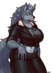 anthro bottomwear breasts clothing female jacket leather leather_bottomwear leather_clothing leather_jacket leather_pants leather_topwear pants shirt solo text text_on_clothing text_on_shirt text_on_topwear topwear blazbaros canid canine canis mammal wolf 2022 3:4 hi_res