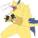 angry anthro claws fur humor long_ears male orange_eyes sharp_teeth solo teeth text winged_arms wings yellow_body yellow_fur roadkilledizzy bandai_namco digimon digimon_ghost_game digimon_(species) lamortmon 1:1 english_text hi_res