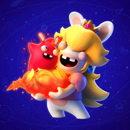 ambiguous_gender anthro blonde_hair blue_background blue_ear_piercing blue_eyes buckteeth clothed clothed_anthro clothed_female clothing cloud constellation crown duo ear_piercing eyes_closed featureless_crotch featureless_legs featureless_limbs female fur gem glowing glowing_body hair happy headgear larger_anthro larger_female light long_ears long_hair love mitten_hands multicolored_body noseless one_eye_closed open_mouth open_smile piercing pink_clothing pink_shirt pink_topwear red_body red_skin red_tongue ruby_(gem) sapphire_(gem) shirt short_legs simple_background size_difference smaller_ambiguous smile smiling_at_another smiling_at_each_other space sparkles standing standing_on_cloud tan_body tan_eyelids tan_inner_ear tan_skin teeth tongue topwear two_tone_body white_body white_fur gael_chauvet mario_bros mario_plus_rabbids_kingdom_battle mario_plus_rabbids_sparks_of_hope nintendo raving_rabbids rayman_(series) ubisoft pyrogeddon rabbid_peach lagomorph mammal rabbid spark_(mario_plus_rabbids) 1:1 2022 3d_(artwork) absurd_res colored crossover digital_media_(artwork) english_description hi_res lighting official_art shaded