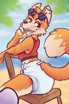 ambiguous_gender anthro beach blush chair clean_diaper clothed clothing cloud diaper ear_piercing eyewear furniture hand_on_face looking_back piercing plant sand sea seaside sitting sky smile solo sunglasses teeth tree water wearing_diaper spacefluuff canid canine fox mammal hi_res