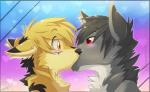 amber_eyes ambiguous_gender anthro blonde_hair blush duo fur grey_body grey_fur grey_hair hair kiss_on_lips kissing markings red_eyes romantic romantic_ambiance romantic_couple shocked yellow_body yellow_fur sioteru canid canine canis mammal wolf digital_media_(artwork) unavailable_at_source