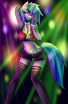 abstract_background anthro anthrofied bite biting_lip biting_own_lip blue_hair blush bottomwear bracelet clothing crop_top cutie_mark dancing ear_piercing female fishnet_clothing glow_ring hair horn jewelry legwear lips midriff multicolored_hair navel navel_piercing necklace panties piercing purple_clothing purple_eyes purple_panties purple_underwear self_bite shirt shorts simple_background solo stockings topwear two_tone_hair unbuttoned underwear unzipped unzipped_shorts zipper zipper_down zipper_shorts mrfatcakes friendship_is_magic hasbro my_little_pony mythology vinyl_scratch_(mlp) equid equine mammal mythological_creature mythological_equine unicorn 2013 hi_res